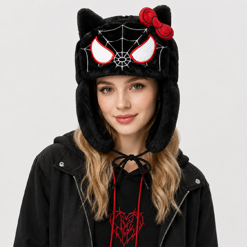 Winter Trapper Hat - Unisex Plush Cat Earflap Hat Spider