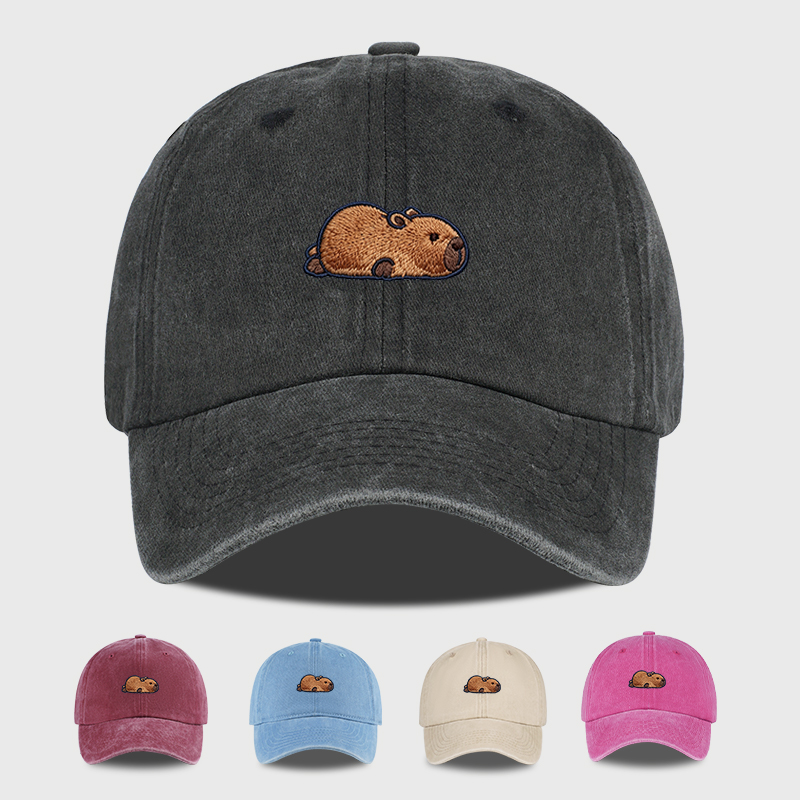 Baseball Cap Structured - Multi-color Washed Capybara Embroidered Baseball Cap